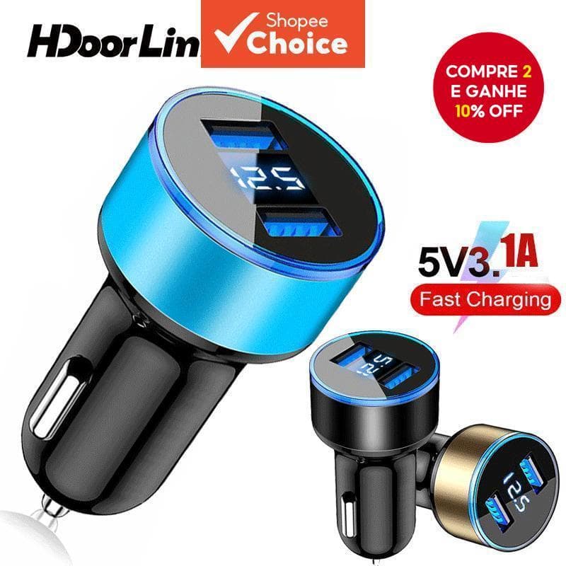 Carregador de Carro USB HdoorLink 3.1A 2 Portas Display LED Carregamento Rápido Tipo C