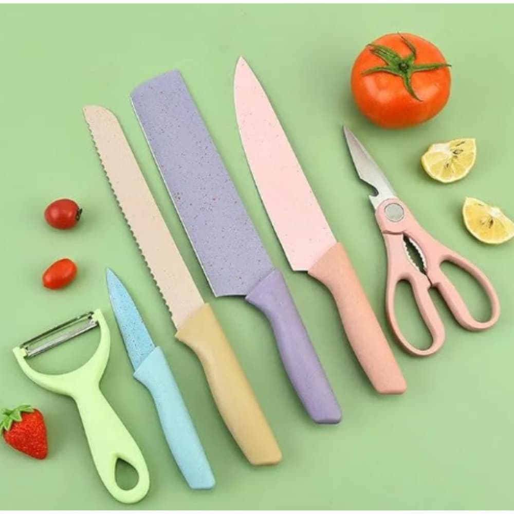 Conjunto de Facas Coloridas 6 Peças Aço Inox Premium com Tesoura e Descascador – Cozinha e Churrasco