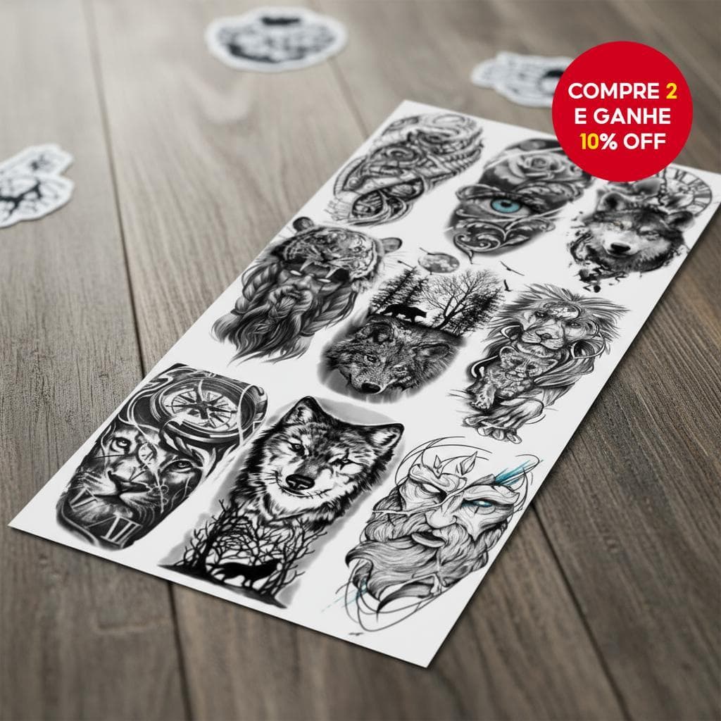  Adesivos de Tatuagem Temporária à Prova d'Água com Design de Animais para Homens e Mulheres Leão, Tigre, Lobo