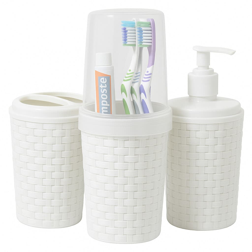 Kit De Banheiro Lavabo Porta Sabonete Líquido Rattan - Escova De Dente - Porta Algodão ou Cotonete