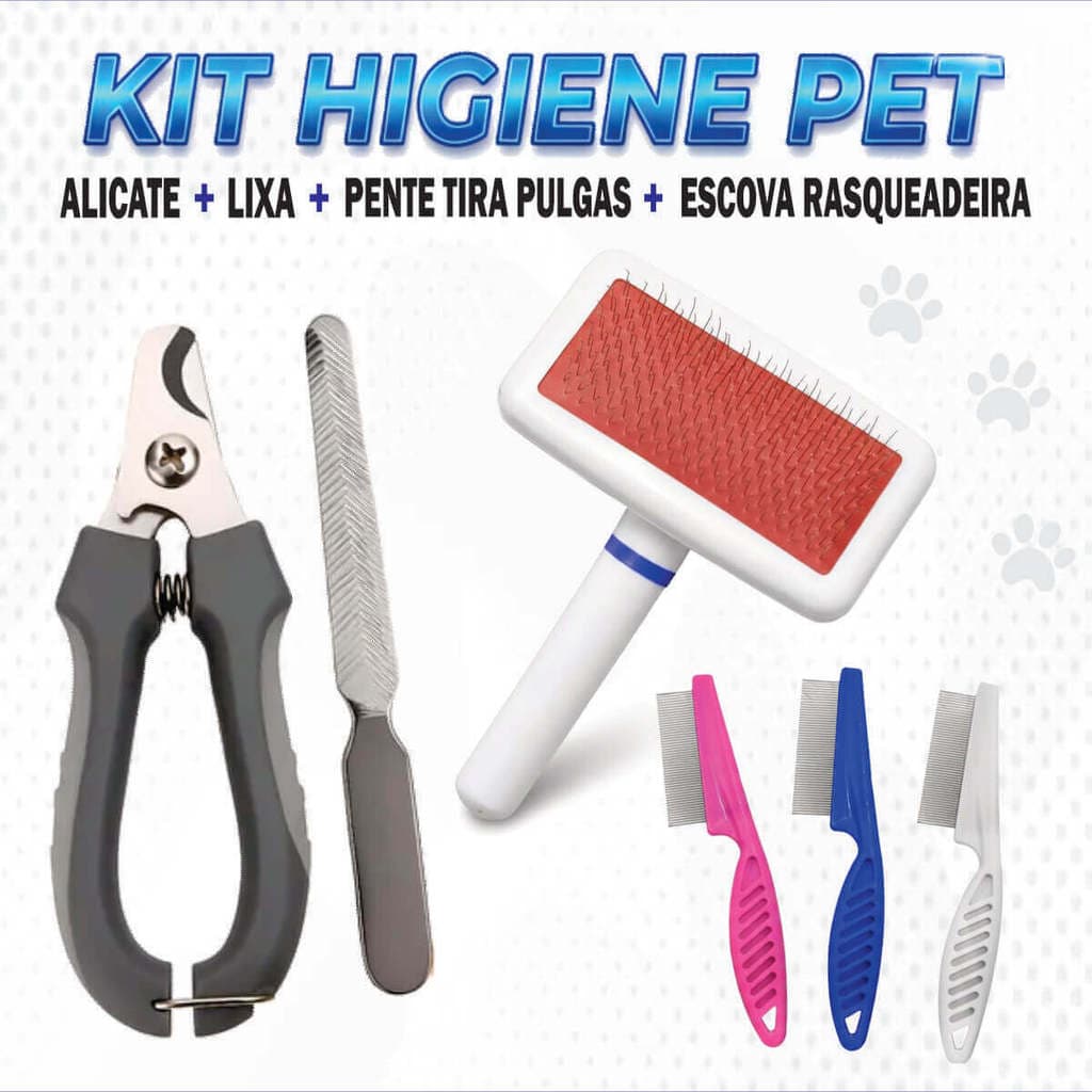 Kit Pet – Alicate Pet + Lixa de Unha + Pente Anti pulgas + Escova Rasqueadeira - Pequeno Médio Porte