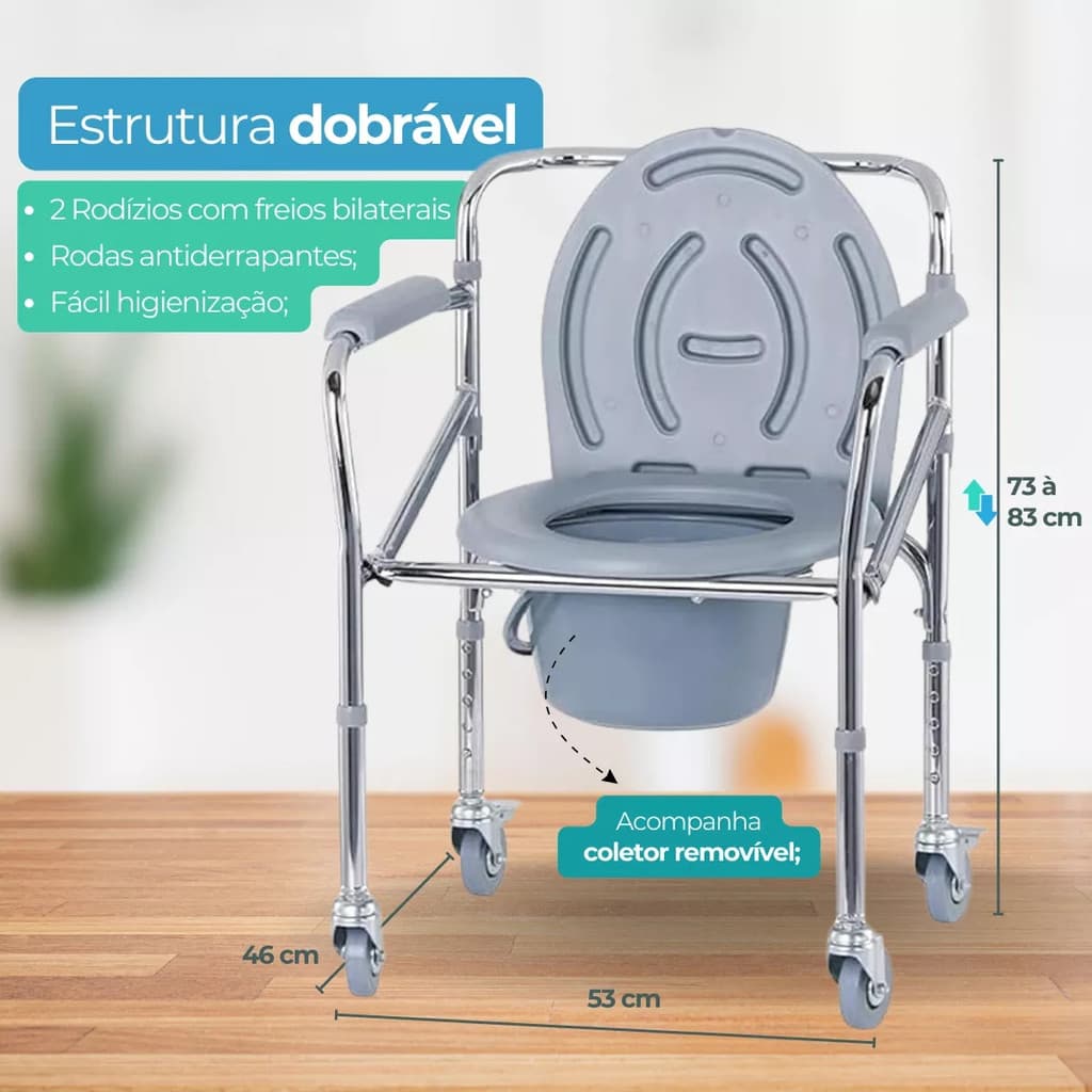 Cadeira P/ Banho 4 Rodas C/ Assento Dobravel 120kg Inox