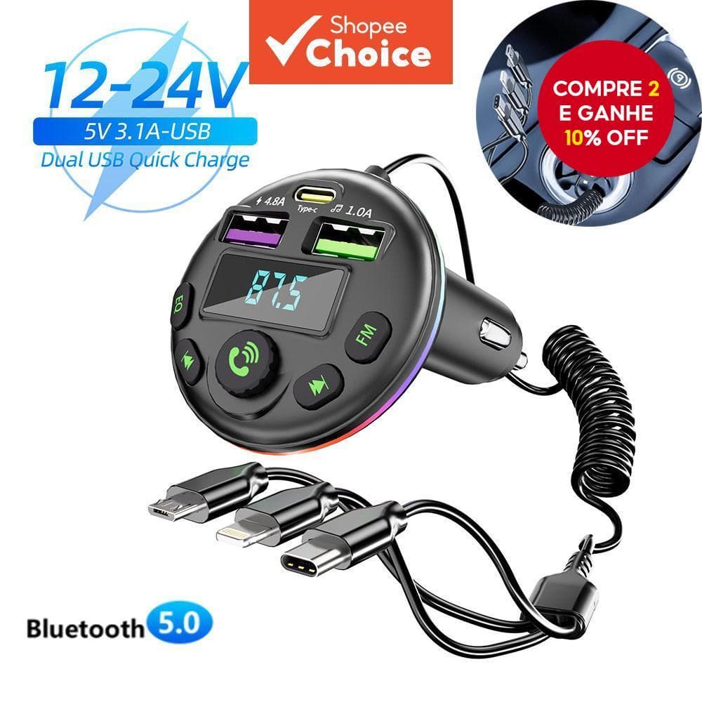 Transmissor FM Bluetooth 5.0 para carro com reprodutor MP3, modulador e receptor de áudio mãos-livres, cabo 3 em 1.