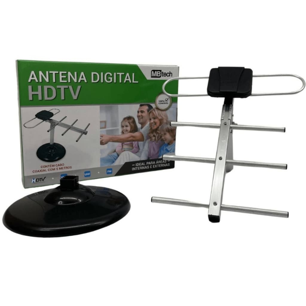 Antena digital hd tv interna e externa cabo 5m base vhf uhf fm
