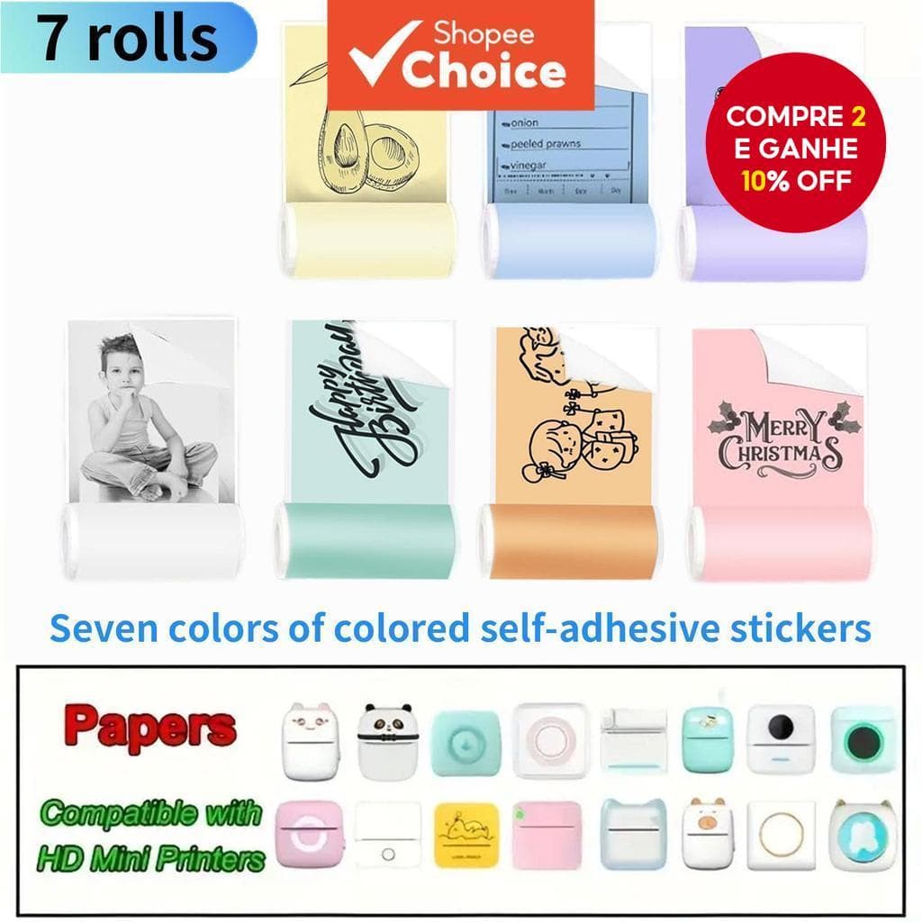 Mini Impressoras Térmicas Sete cores Papel Adesivo Universal para Fotos e Notas