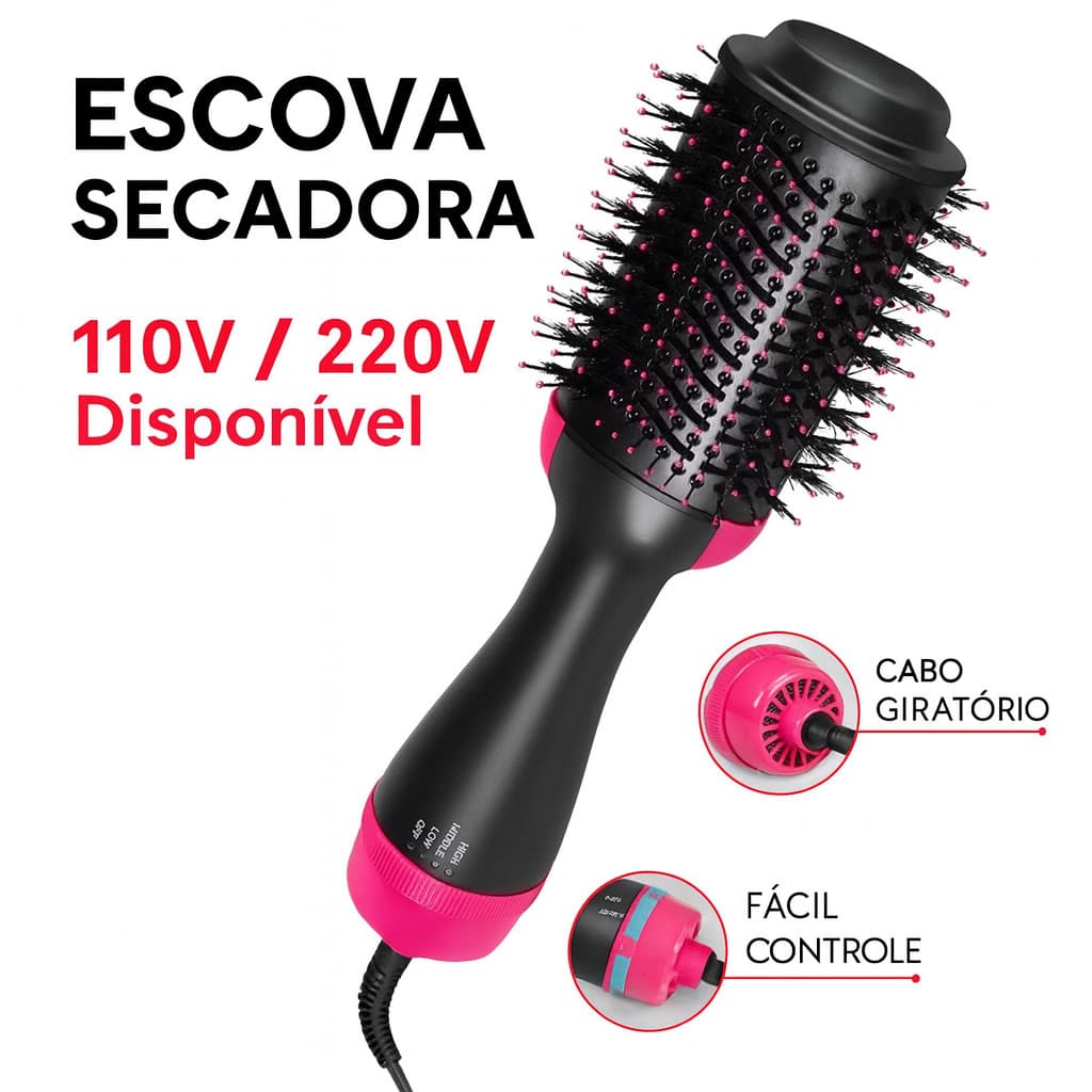 Escova Secadora de Cabelo 4 em 1 110V/220V – Alisador Elétrico Quente e Modelador
