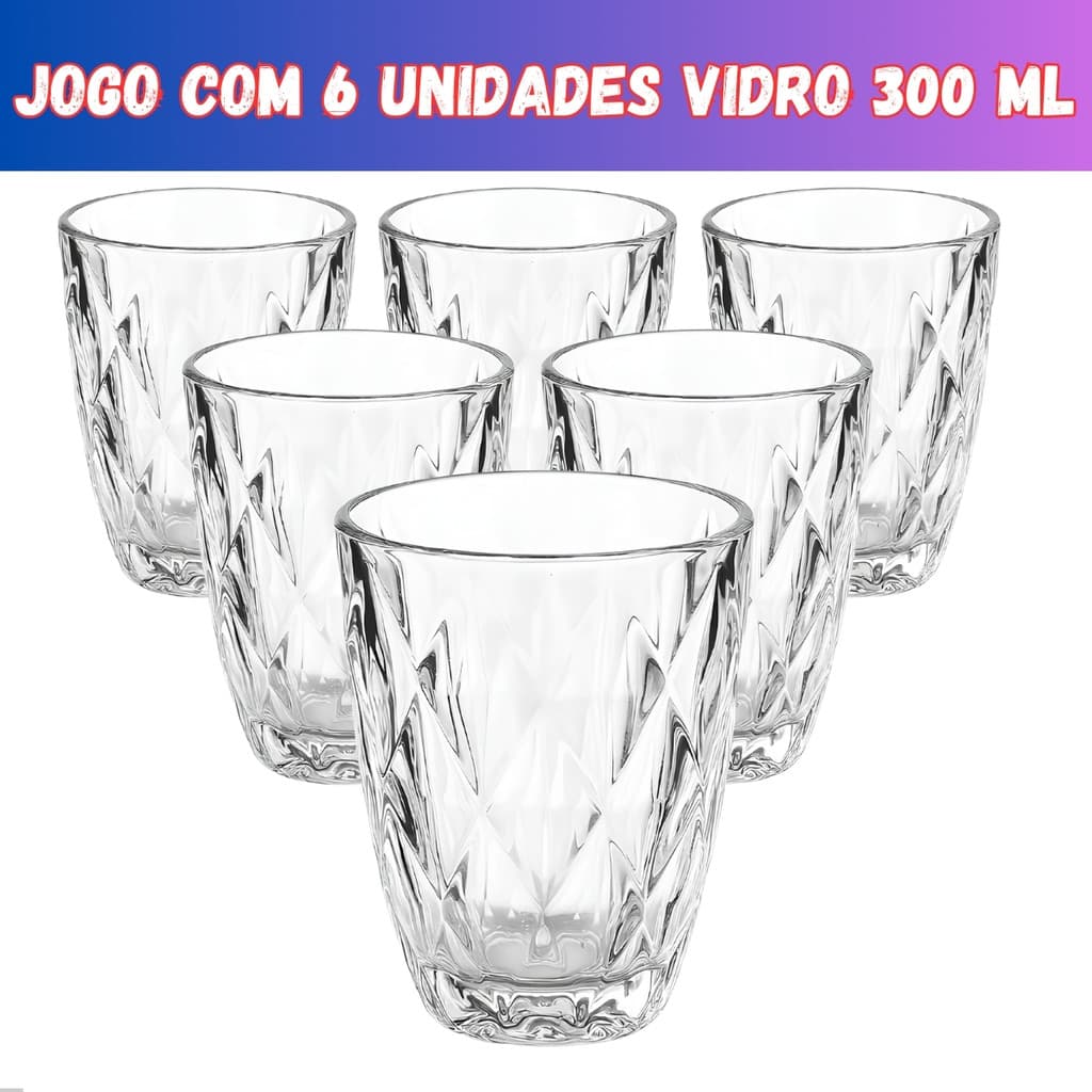 Jogo 6 Copos Baixos Diamond 300ml Vidro Grosso Diamante Luxo