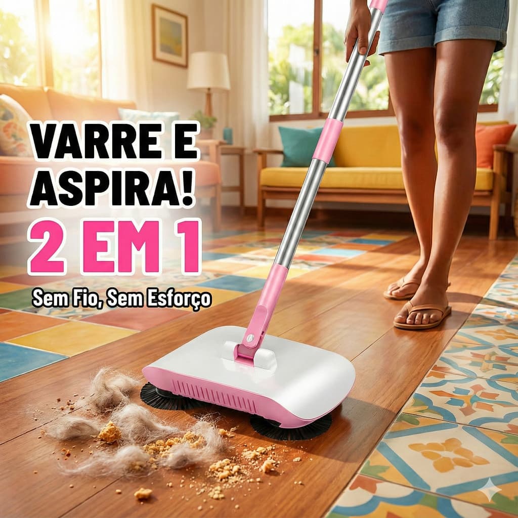 Vassoura Mágica 2 em 1 – Aspirador Manual e Esfregão Giratório para Limpeza Doméstica Prática
