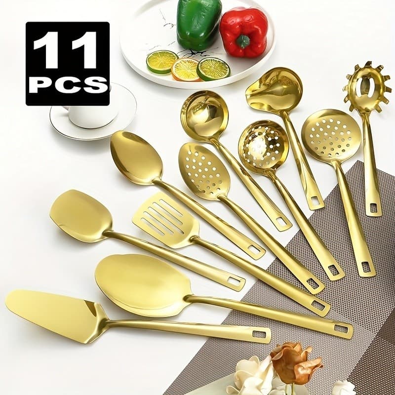 Kit 11 Peças Utensílios de Cozinha Dourado aço inoxidável Espátula Colher Concha Escumadeira Pegador de Pizza