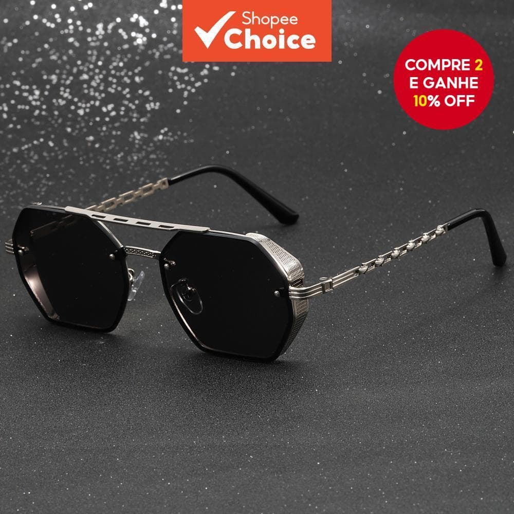 Óculos De Sol Com Corrente De Metal Geométrico Moderno Ponte Dupla Moda Unissex