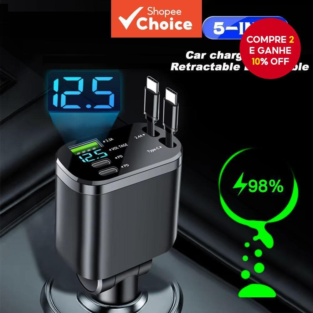 Adaptador de carregador para carro 5 em 1 com carregamento rápido, USB Tipo C, com cabos Tipo C retráteis para iPhone,
