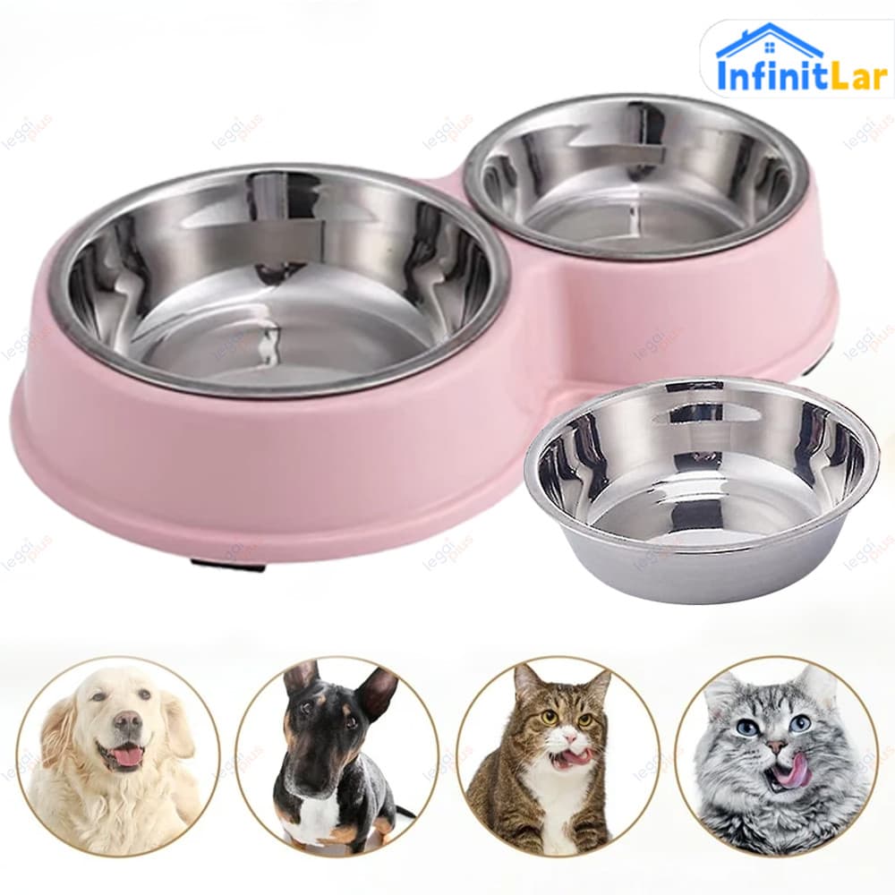 Kit Comedouro e Bebedouro Duplo Inox com Superfície Antiderrapante para Gatos e Cachorros