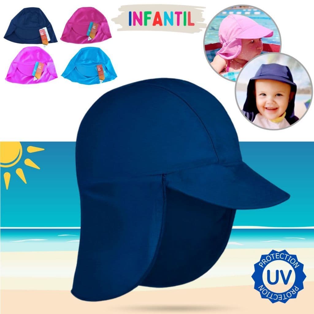 Chapéu Boné Bebê Infantil Praia Proteção Solar UV50+ Menino Menina Piscina Pescoço Nuca Sol Aba