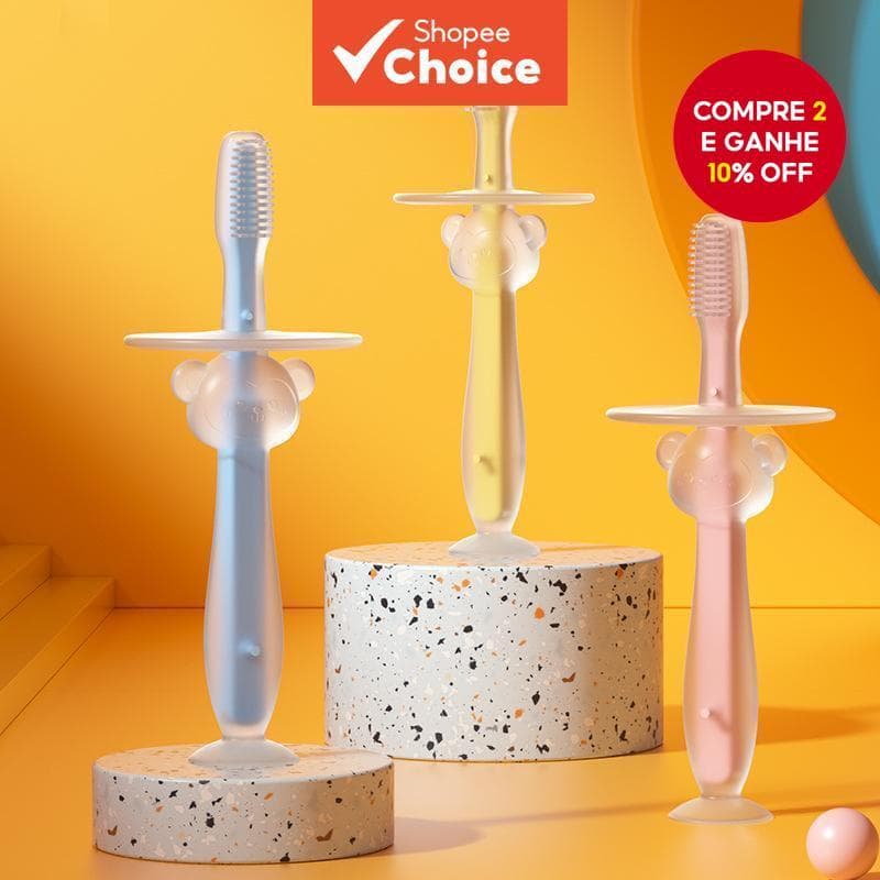 Escova de Dente de Leite Tridimensional Silicone para Treinamento de Bebês com Revestimento de Língua e Cofre