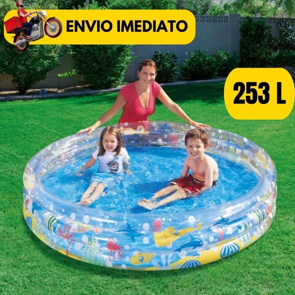 Piscina Inflável Infantil 3 Anéis Transparente 253 Litros Fundo Do Mar Para Crianças, Bebes, Campo, Praia Bem Resistente