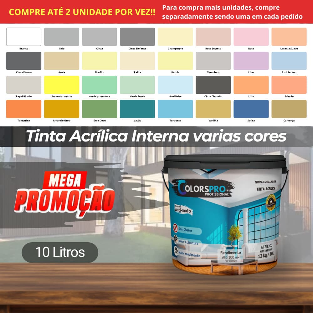 Tinta acrílica 10 litros ColorsPro, Sem cheiro e Antimofo - alta cobertura 33 cores disponíveis
