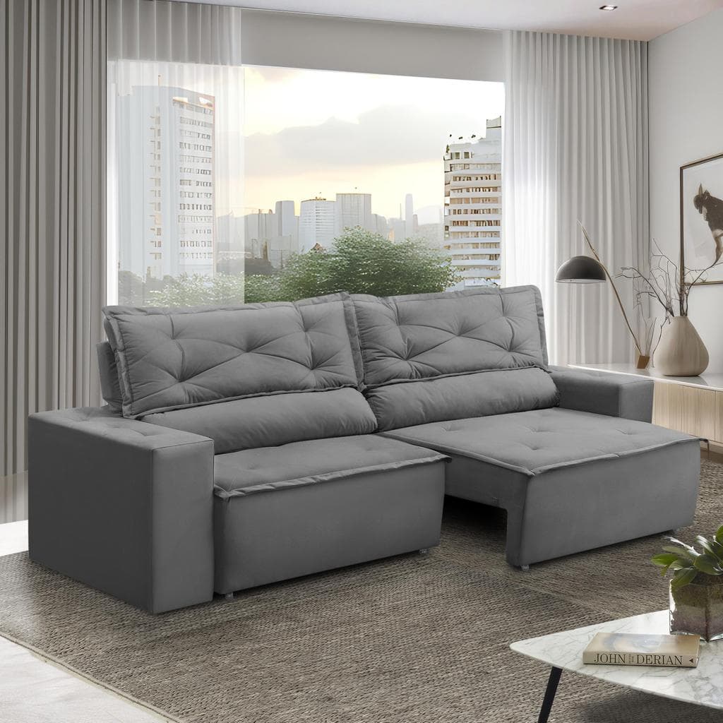 Sofá Retrátil e Reclinável 3 lugares com Molas 1,80m Livia Suede Cinza Adonai Estofados