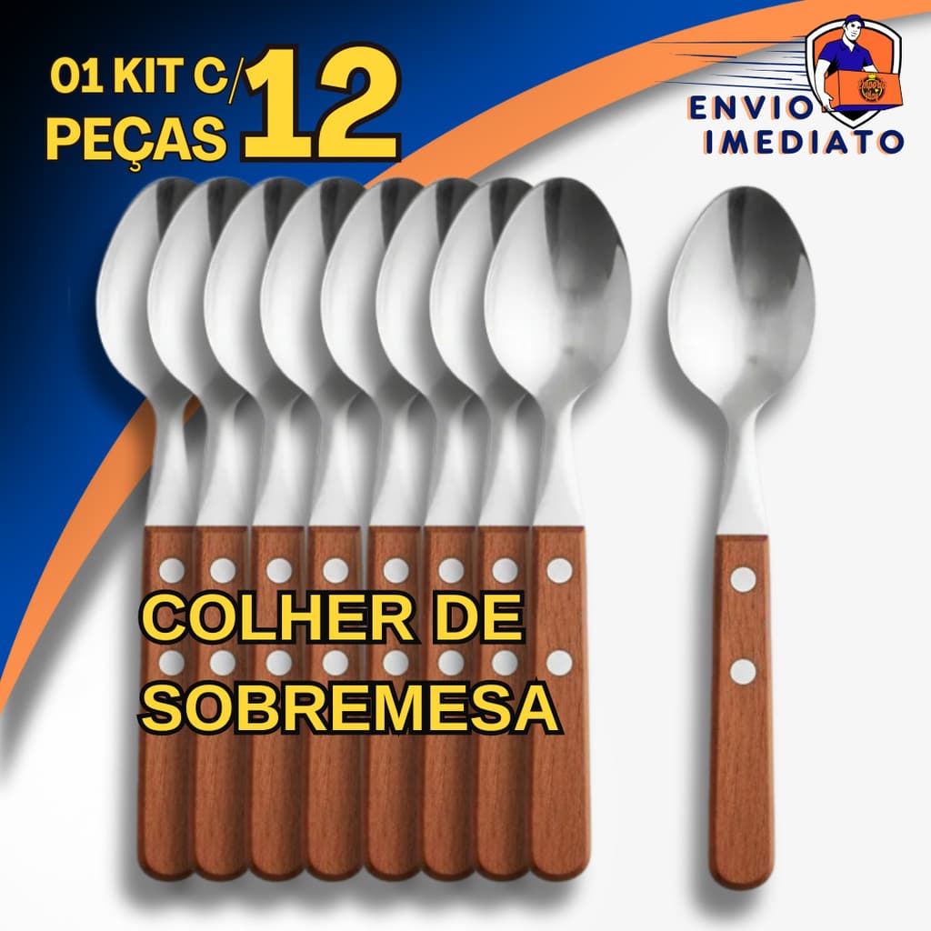 Jogo 12 Colher de Sobremesa Inox Com Cabo Em Madeira Rústico Temático Restaurante Kit Dúzia