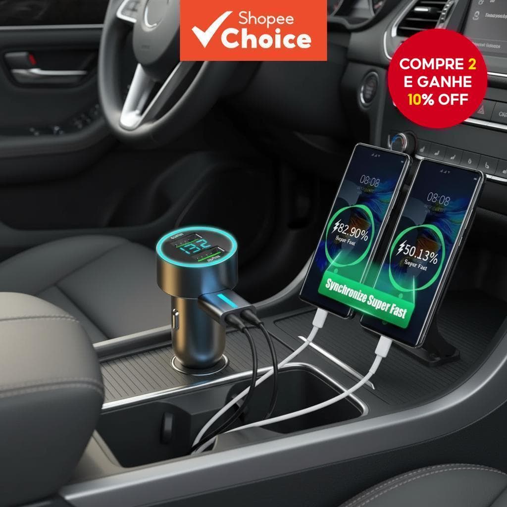  Adaptador de carro 240W com 2 USB de carregamento rápido para iPhone Samsung Huawei Xiaomi, com display digital