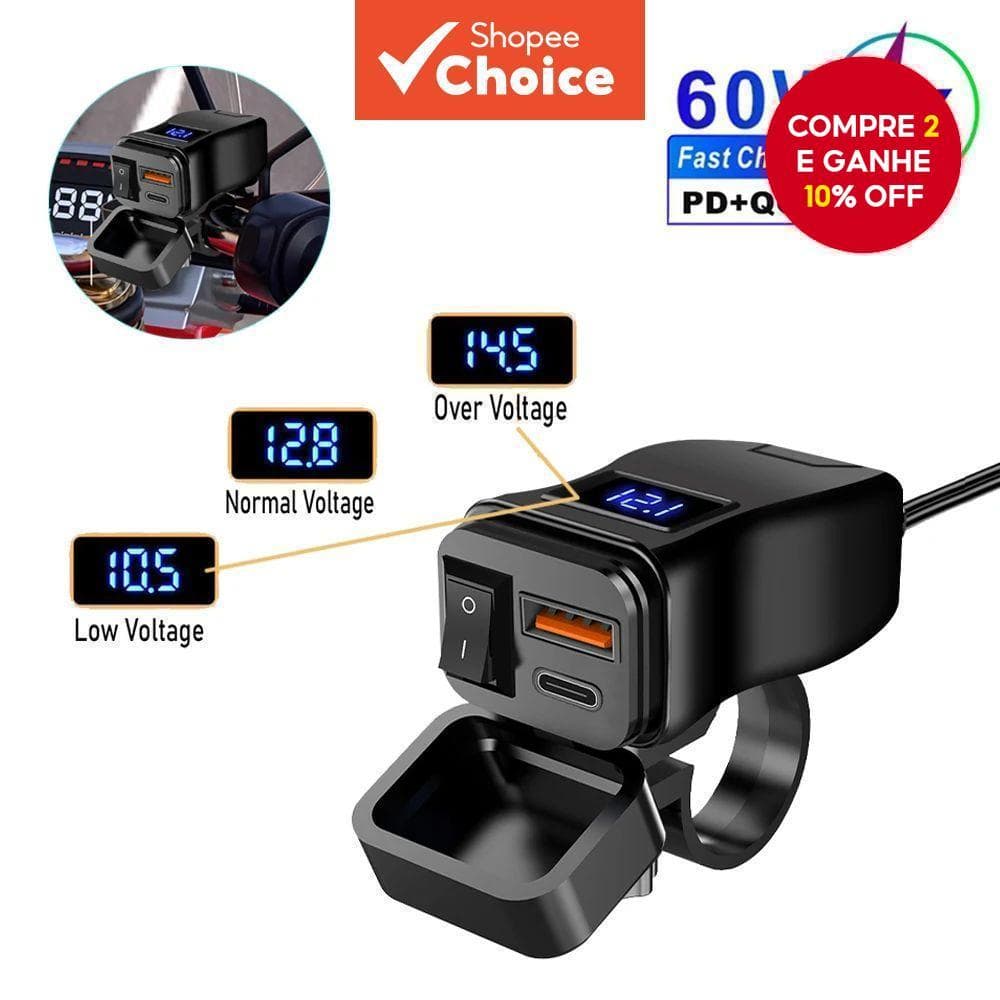  Adaptador à prova d'água com carregador rápido USB duplo QC3.0 para guidão de motocicleta, 60W, com voltímetro LED