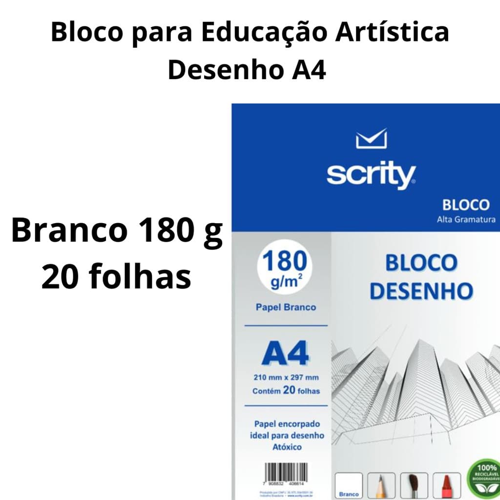 Bloco para Educação Artística Desenho A4 Branco 180 g 20 fls. - Scrity