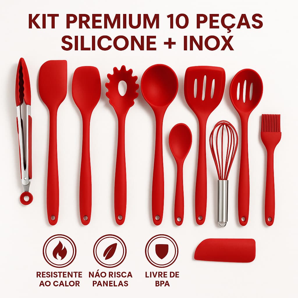 Kit 10 Utensílios Silicone Cozinha Premium Colheres Espátula Antiaderente Resistente  Cabo Inox