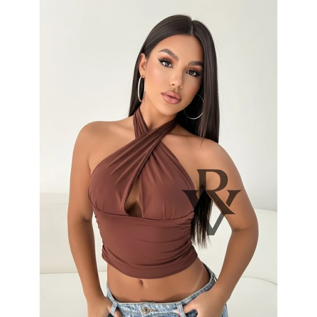 Top Cropped Livia Feminino Multi Formas Frente Única Amarração Blusa Cropped Com Amarração Decote