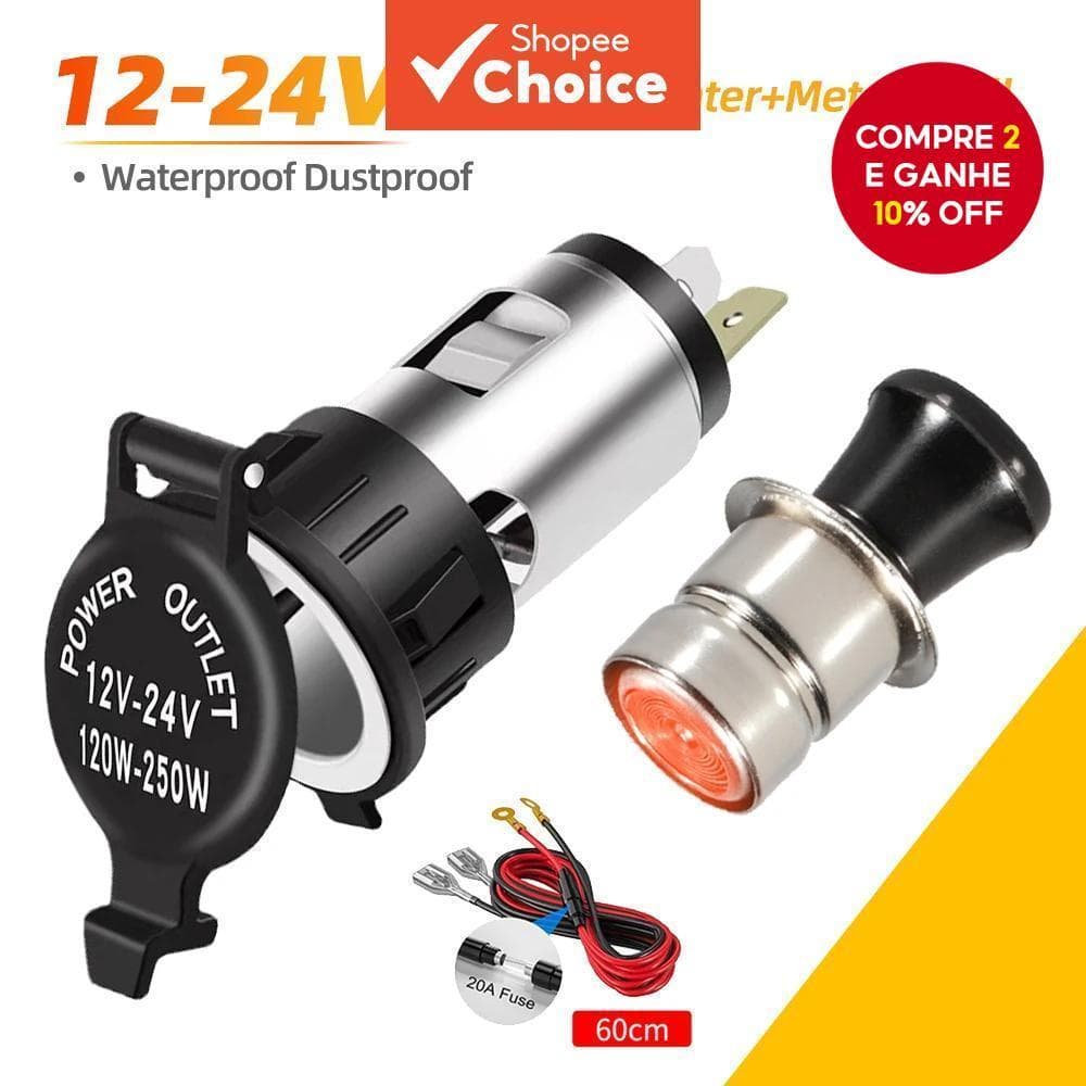  Adaptador de Isqueiro de Carro Portátil 12V-24V 120W-250W Tomada Universal para Caminhão, Moto e Barco