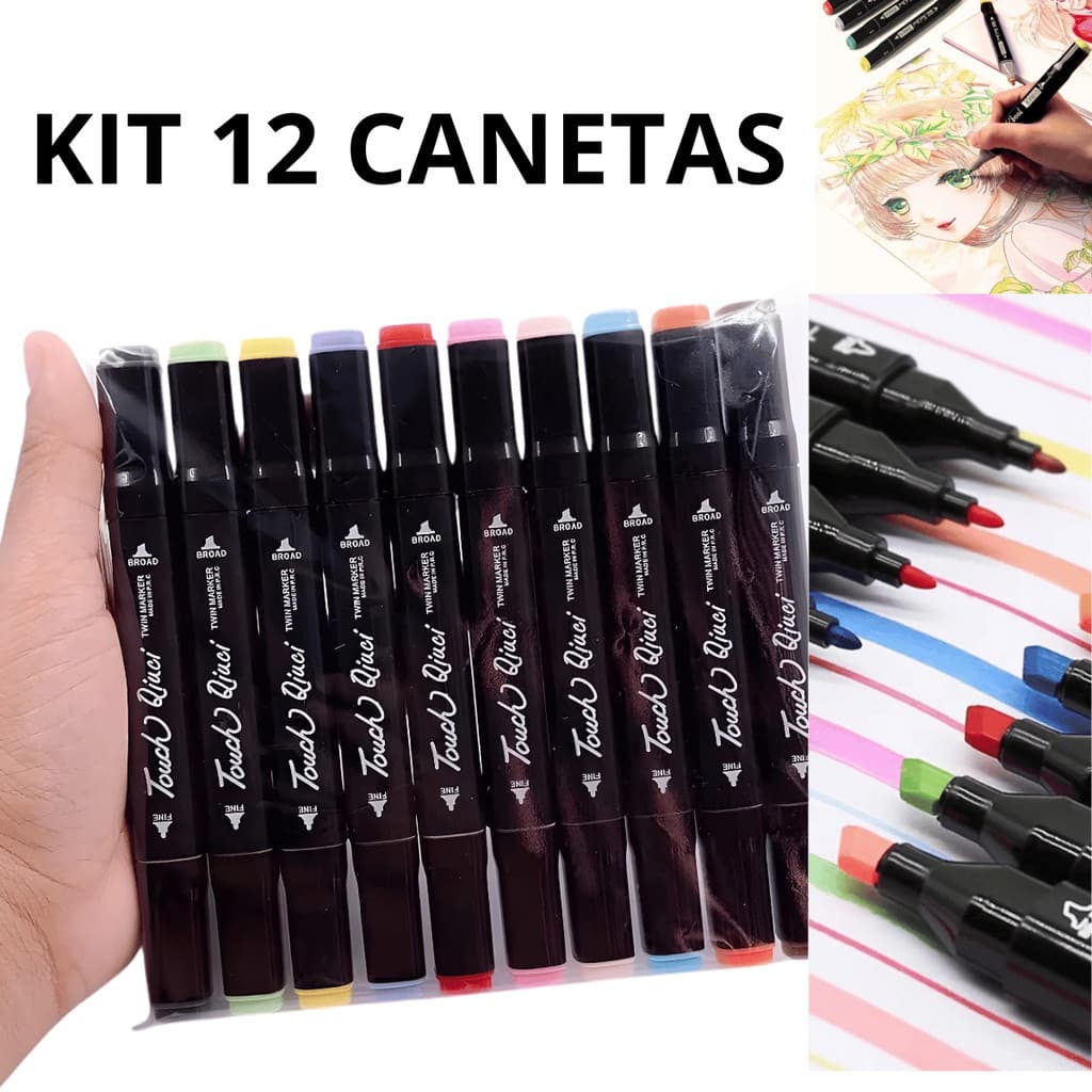 Kit De Canetas Marcador Permanente Ponta Dupla – 12 Cores Canetinhas Coloridas