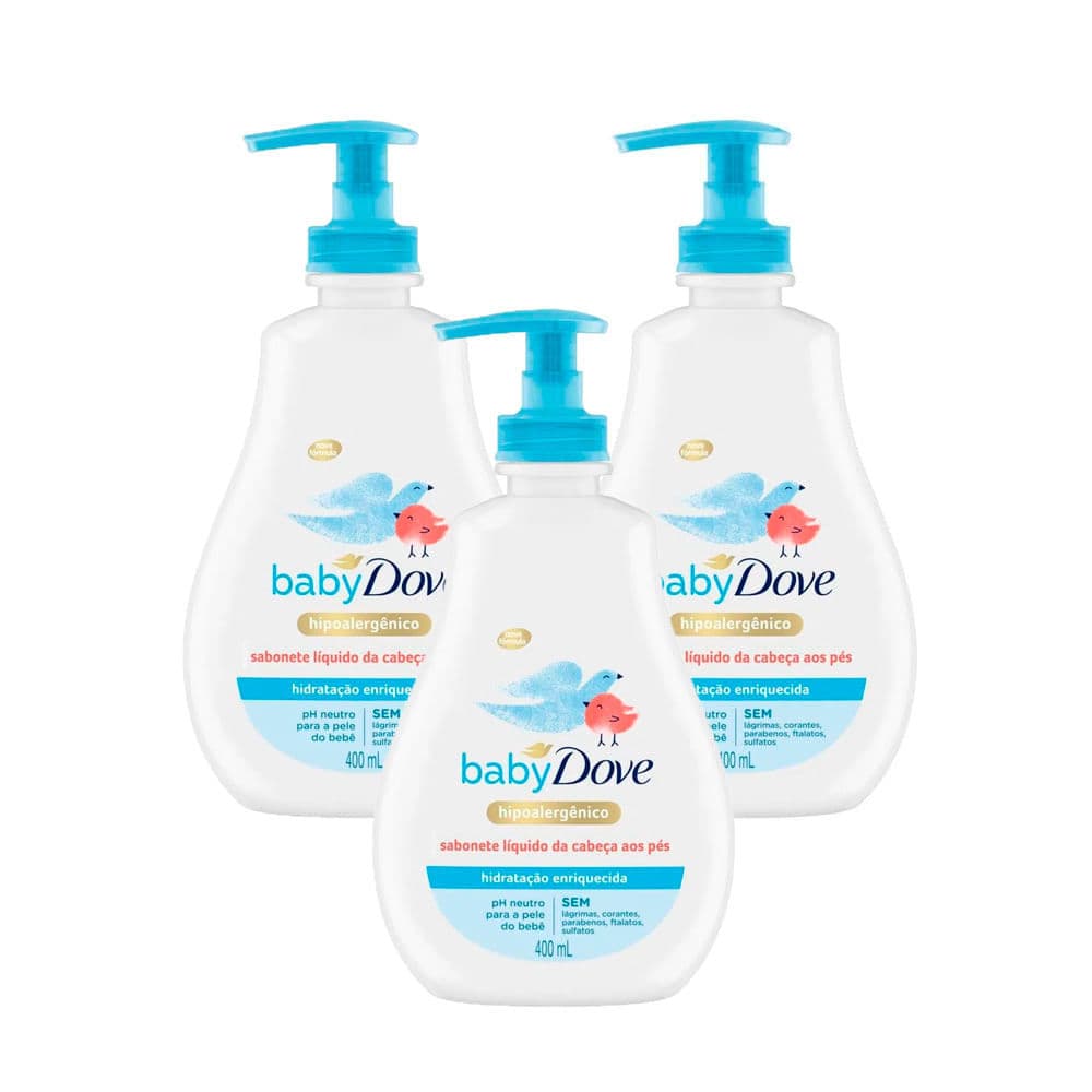 Kit 3 Sabonete Líquido Baby Dove da Cabeça aos Pés Hidratação Enriquecida 400ml
