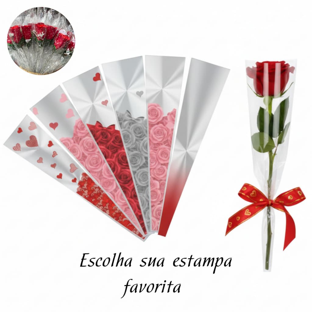 Embalagem para Flor Botão de Rosa com 100 unidades Manga Cone 48cm