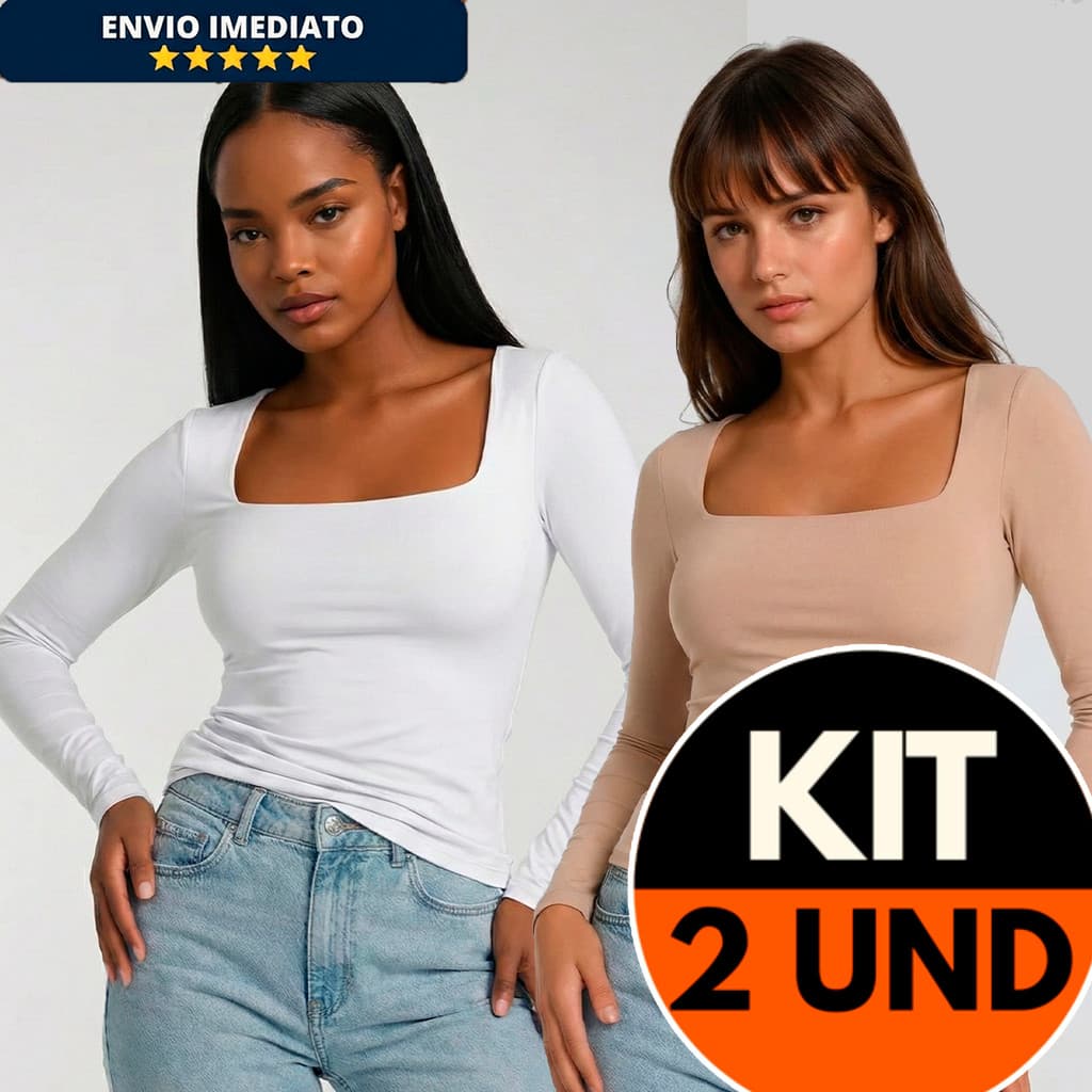 Kit 2 Blusa Manga Longa Decote Quadrado Suplex Premium Estilo Gringa Blogueira