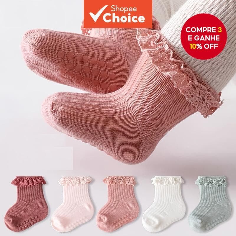 Meias De Princesa Antiderrapantes De Renda Para Bebês Meninas , Térmicas Casuais Respiráveis E Confortáveis , 3 Pares De