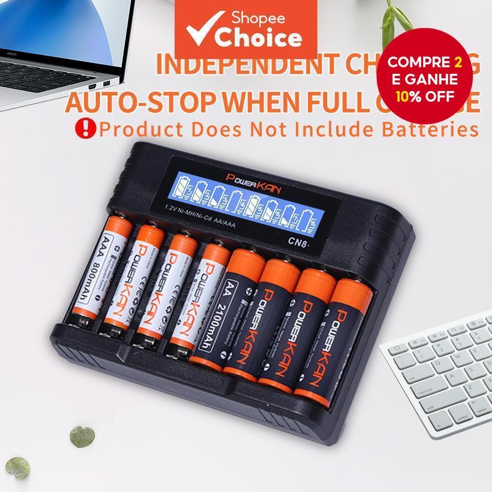 Carregador PowerKAN AA/AAA , LCD , Carregamento Autônomo De 8 Slots , Entrada USB-C , Para Baterias NiMH/NiCd De 1.2 V (