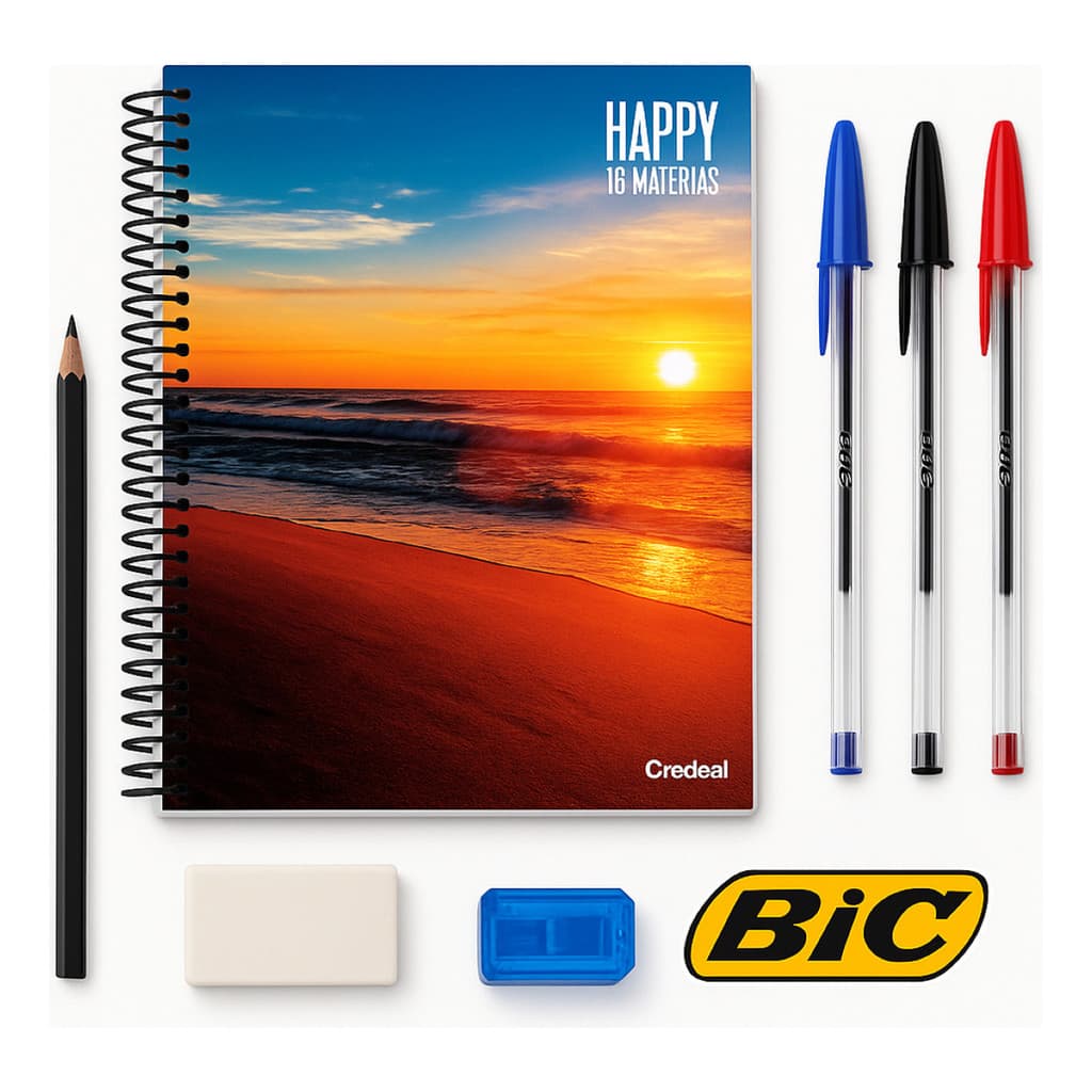 Kit Escolar Completo Volta ás Aulas Com Caderno Paisagem Canetas Azul Preta Vermelha  Lápis Borracha e Apontador