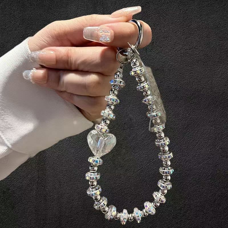 Cordão Correias para Celular Capinha AntiQueda Coração Cristal com Diamante Bolas Metálico Chaveiro