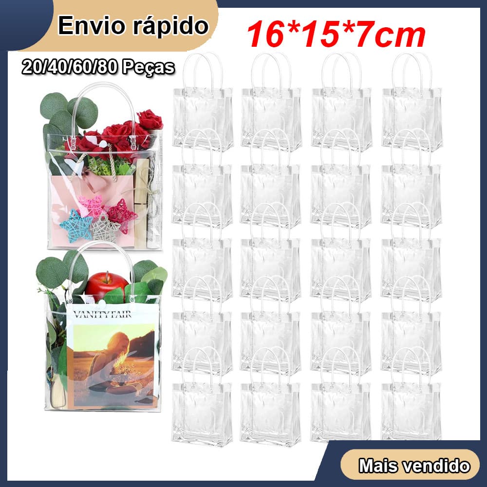 20/40/80pçs Sacos de Presente de Plástico Transparente Com Alças 16*15*7cm Sacos de Embrulho Presente PVC Reutilizáveis