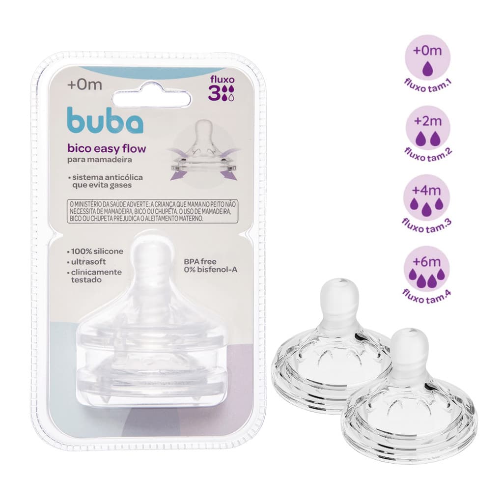 Kit 2 Bicos Mamadeira Buba Easy Flow Anticólica Pétala Silicone