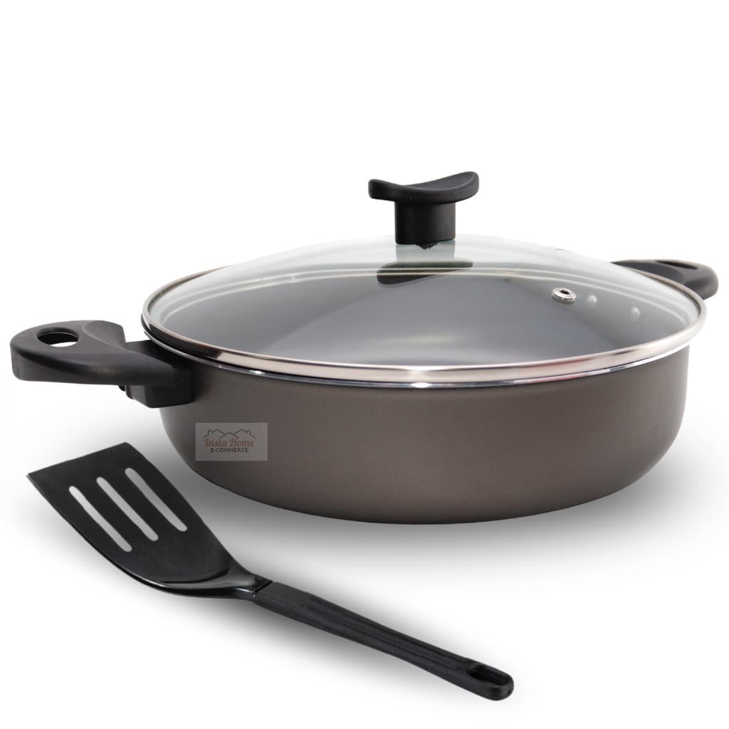 Frigideira 24 Antiaderente Teflon Grande Tipo Wok com 2 alças Alta Com Tampa De Vidro e utensilio
