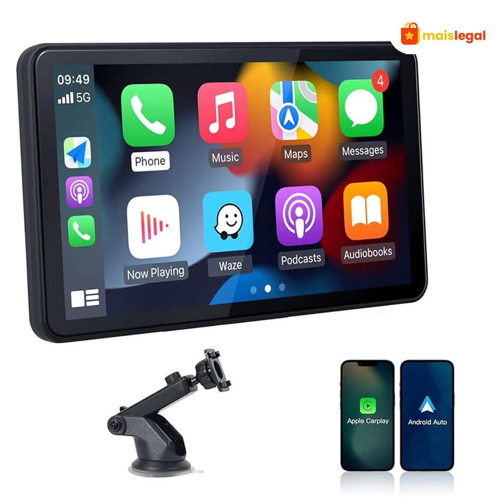 7 Polegadas Portátil Rádio Carro Suporta Android Auto & Apple CarPlay,Tela Touch FHD IPS, Espelho Link,Bluetooth e FM