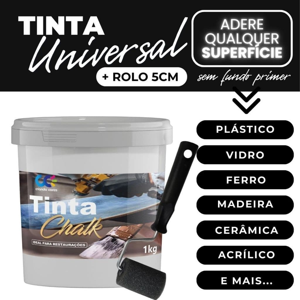 Tinta Chalk Restauradora Multiuso + Rolo 5cm – Ideal p/ Móveis, Madeira, Plástico, Ferro e Mais