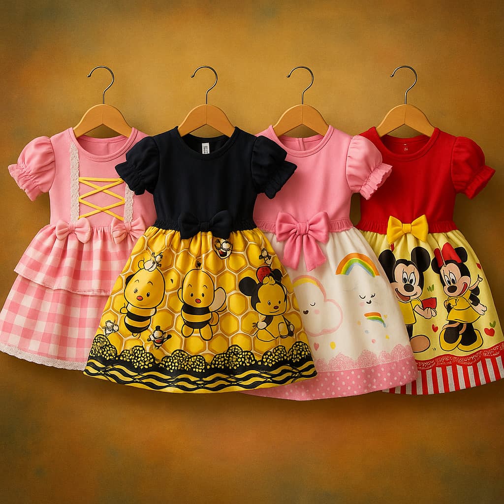 Vestido Festa Casual Manga Curta Ribana Canelado Infantil Personagens