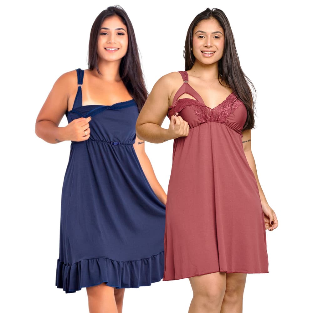 Kit 2 Camisolas de Amamentação Microfibra e Renda Mamãe e Bebê | 184.310