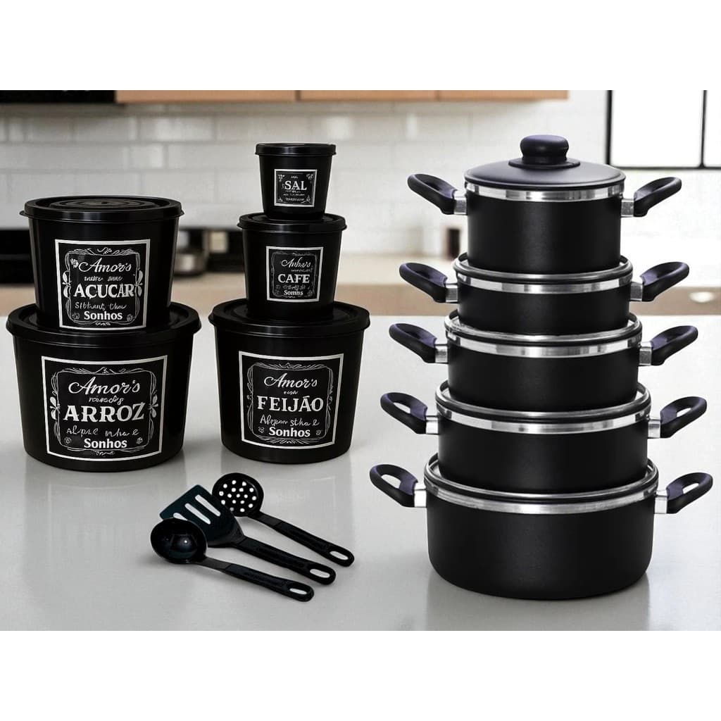 JOGO DE PANELAS Completo com POTE DE MANTIMENTOS para Cozinha