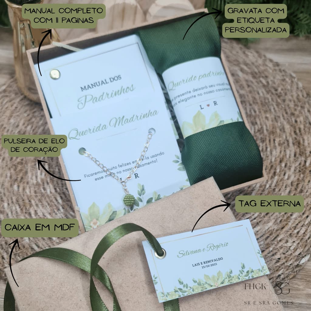Caixa Padrinhos Completa Personalizada Gravata + Pulseira + Manual+ Caixa MDF