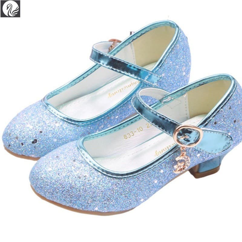 Crianças Usam Elsa Menina Sapatos Branco Azul Glitter Salto Baixo Senhora Bomba Cinderela Princesa Festa De Casamento 23