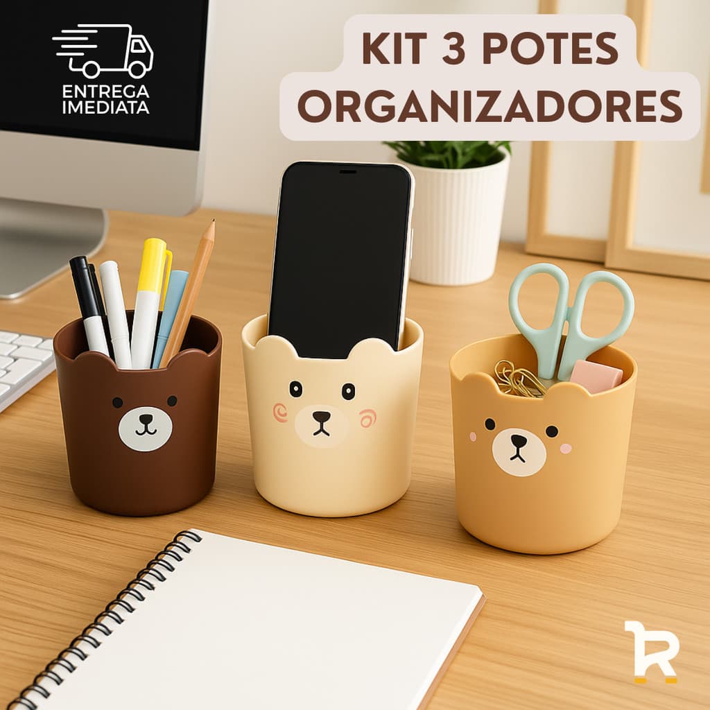 Kit 3 Porta Trecos Organizador Urso Capivara Multiuso de Mesa Objetos Pincéis Lápis
