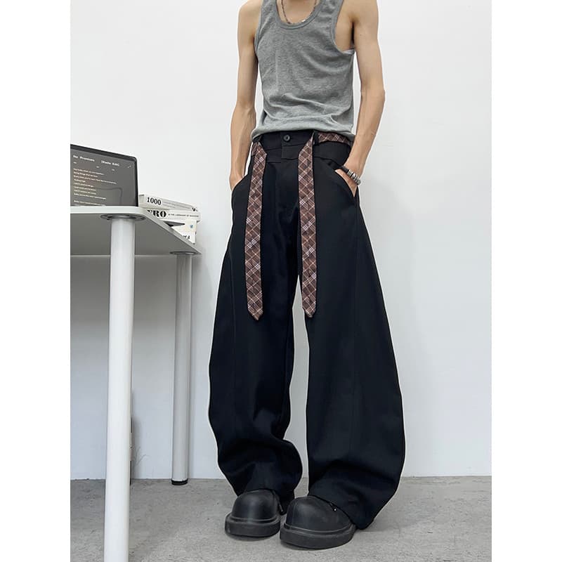 Americano verificado cinto Machete calças masculinas Street Wear solto calças de perna larga High-End Drape Casual calça