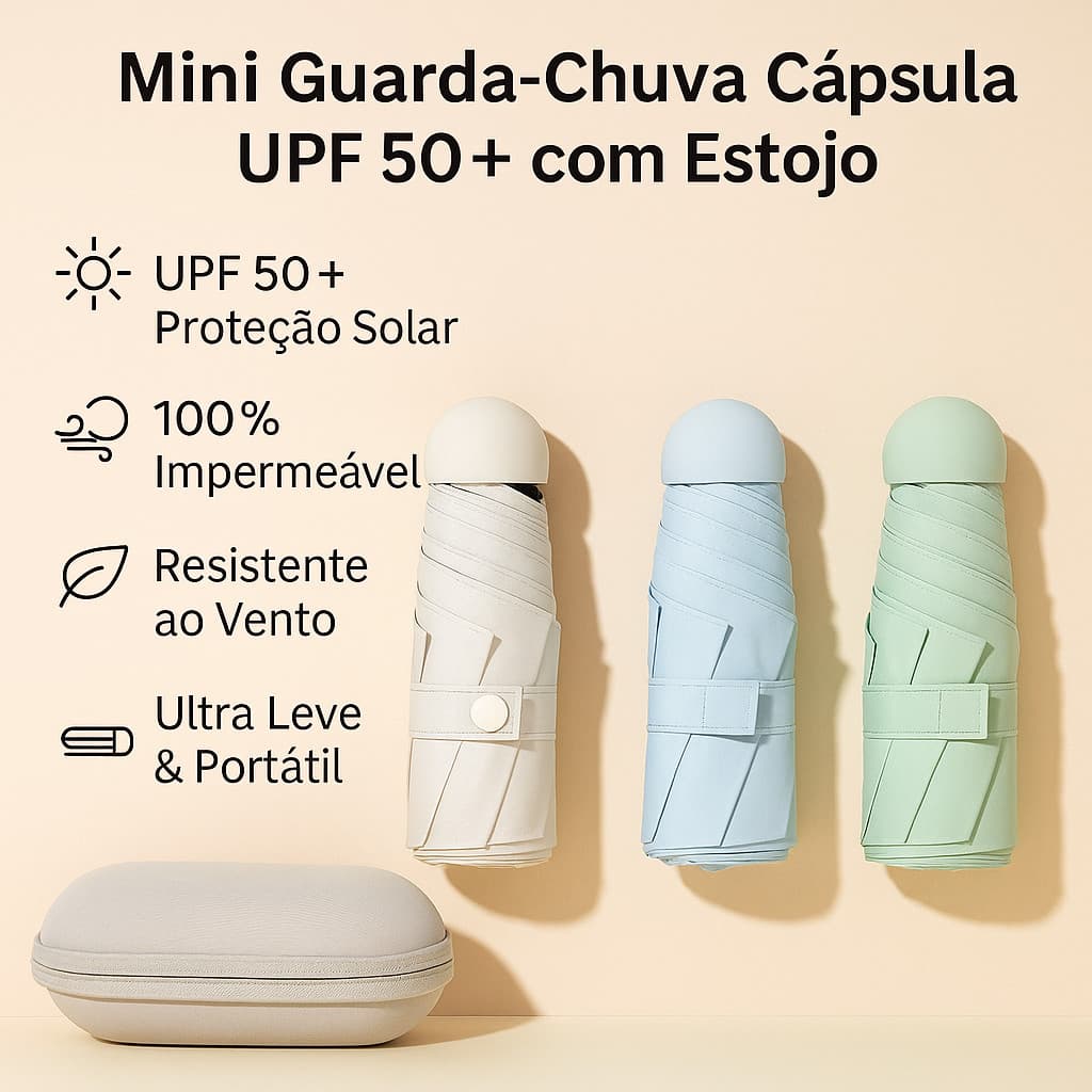 Mini Guarda-Chuva Portátil Dobravel UPF50+ Cápsula Ultra Leve com Estojo – Proteção UV