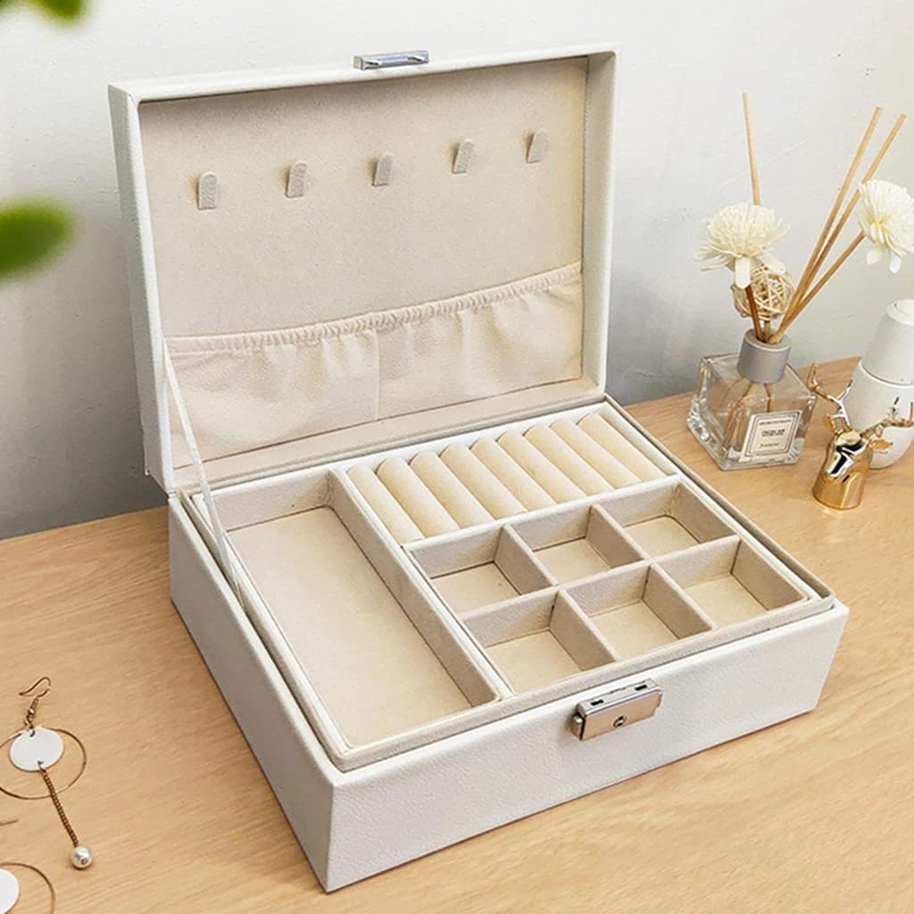 Maleta Porta Joias Grande Duplo Caixa Colar Bijuteria Portatil Aneis Pulseira com Chave Luxo